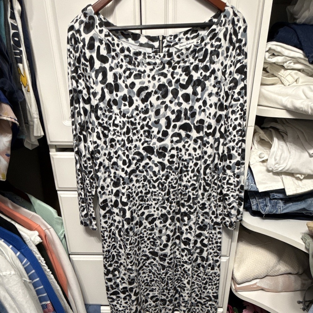 Tommy Bahama Leopard Print Long Sleeve Zip Back Jumpsuit XL Black Gray White